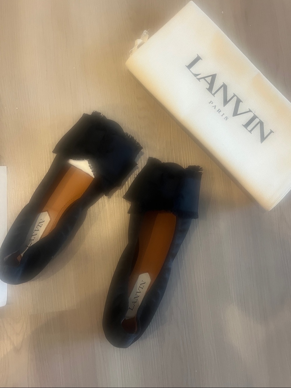 Lanvin Black Satin Frayed Bow Ballet Flats